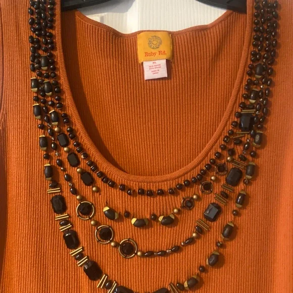 PRETTY RUBY RD TANK TOP WITH BEADS AND RHINESTONES BURNT ORANGE XL - Picture 2 of 4